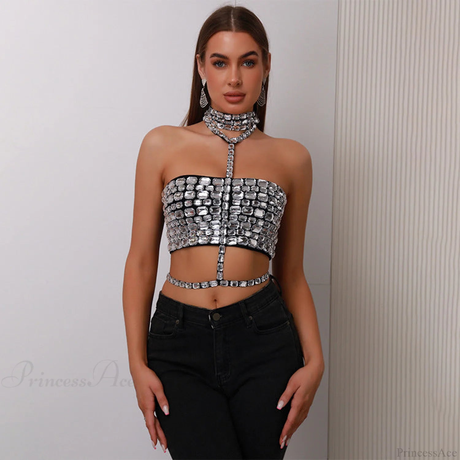 Halter Beaded Lace-Up Bandage Crop Prom Dress black / XS promdress-250223