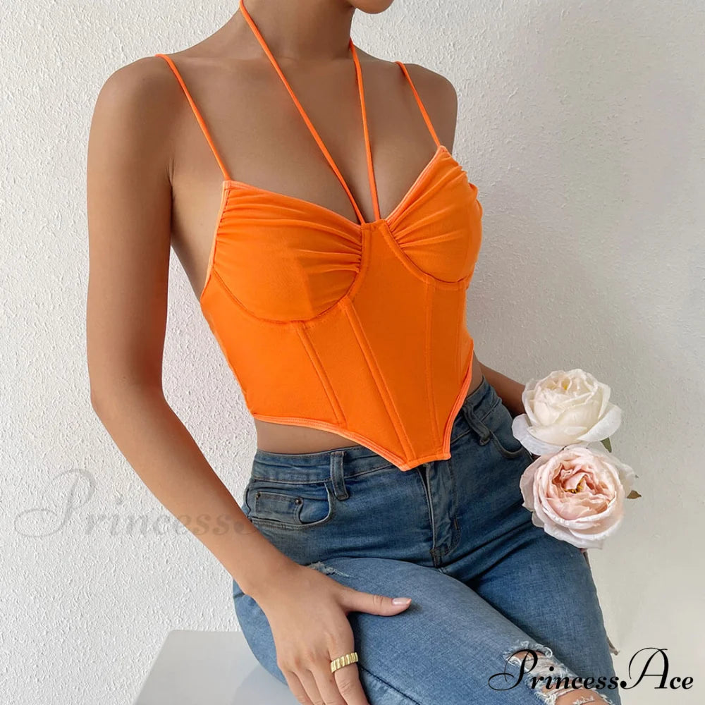 Halter Bustier Curved Sleeveless Mesh Classic Crop Corset Top - Black L / Burnt Orange Tops