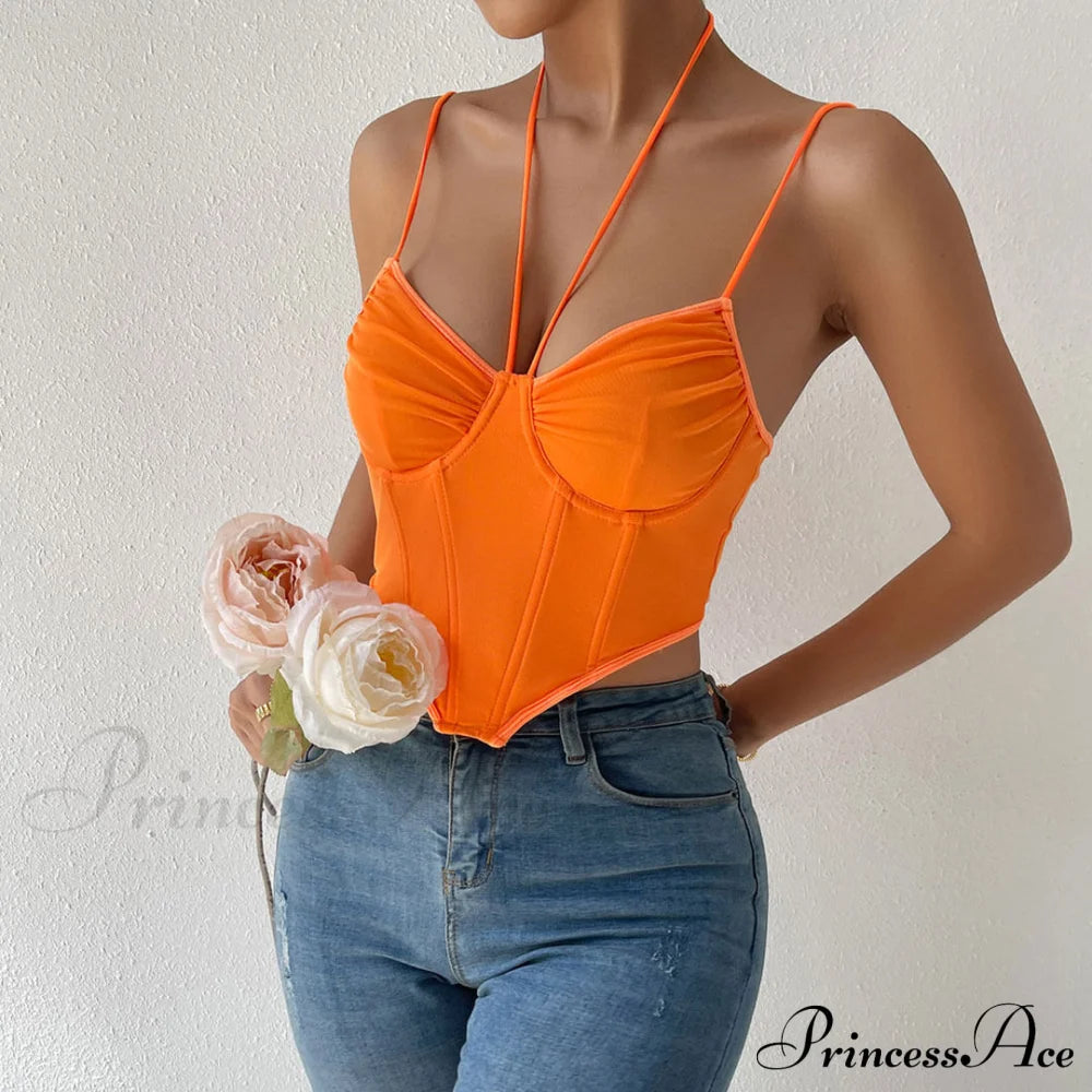 Halter Bustier Curved Sleeveless Mesh Classic Crop Corset Top - Black M / Burnt Orange Tops