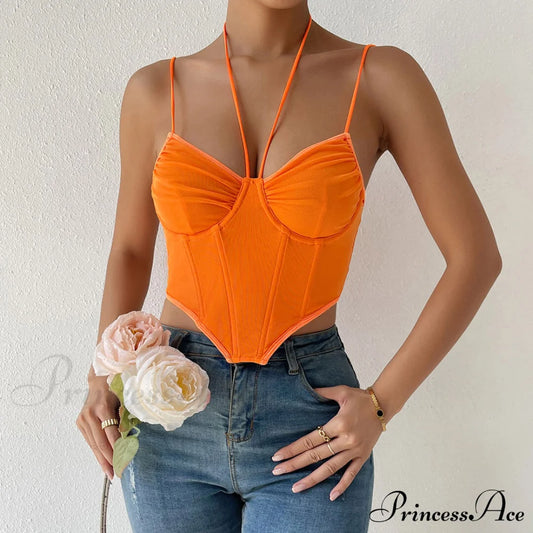 Halter Bustier Curved Sleeveless Mesh Classic Crop Corset Top - Black S / Burnt Orange Tops