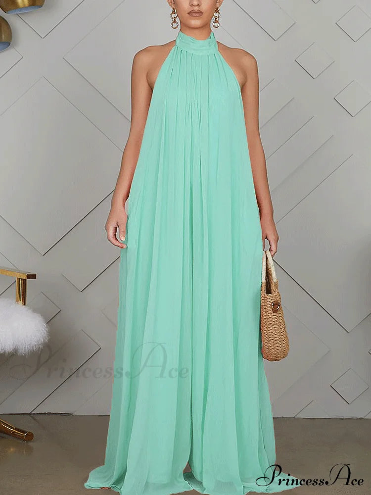 Halter Casual Graceful Maxi Dress Light Blue / S Jumpsuits & Rompers