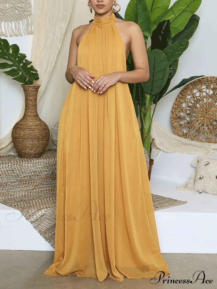 Halter Casual Graceful Maxi Dress Yellow / S Jumpsuits & Rompers