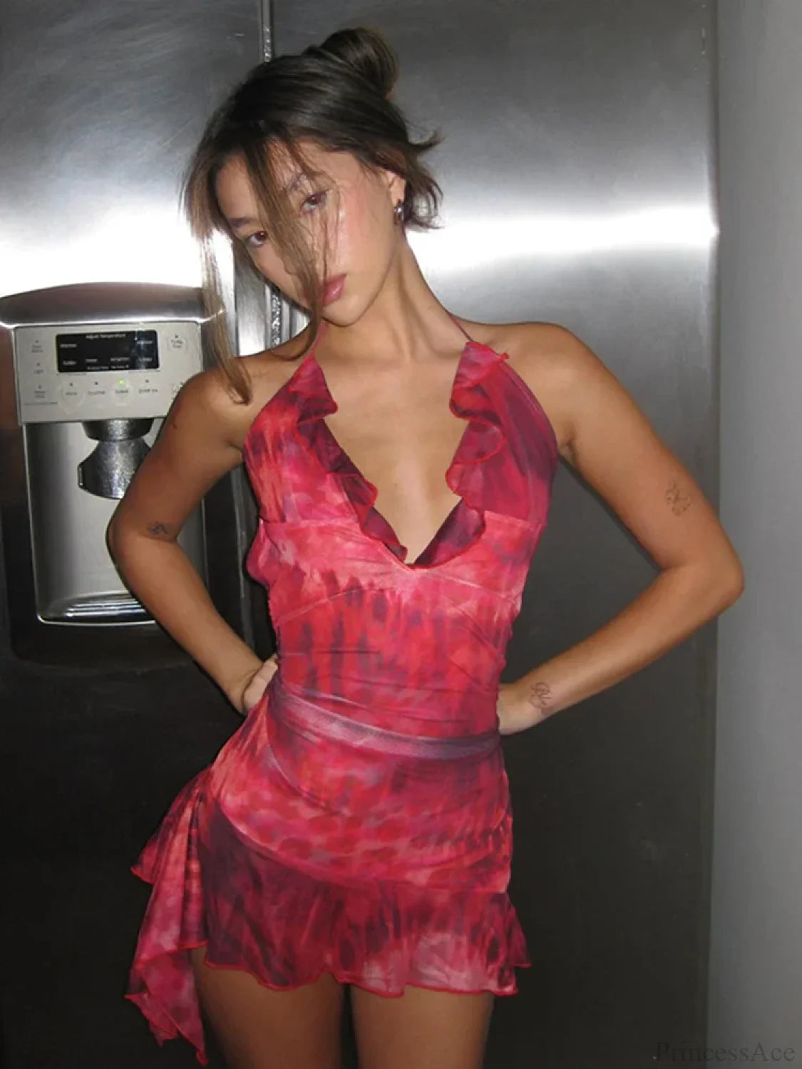 Halter Chiffon Folds Mini Dress Red / S minidress-250223