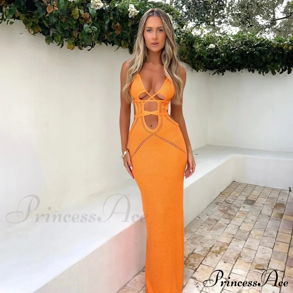 Halter Knitted Backless Maxi Dress Orange / S