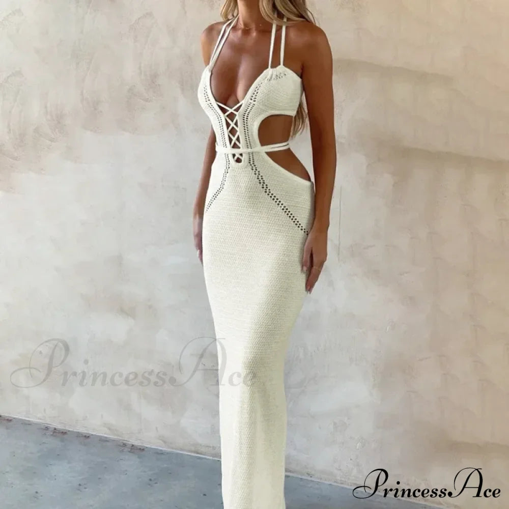 Halter Knitted Backless Maxi Dress White / S