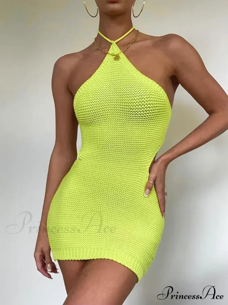 Halter Knitted Mini Dress Yellow / S