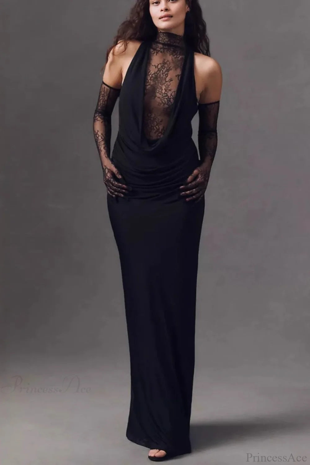 Halter Lace Paneled Deep V Ruched Wedding Dress