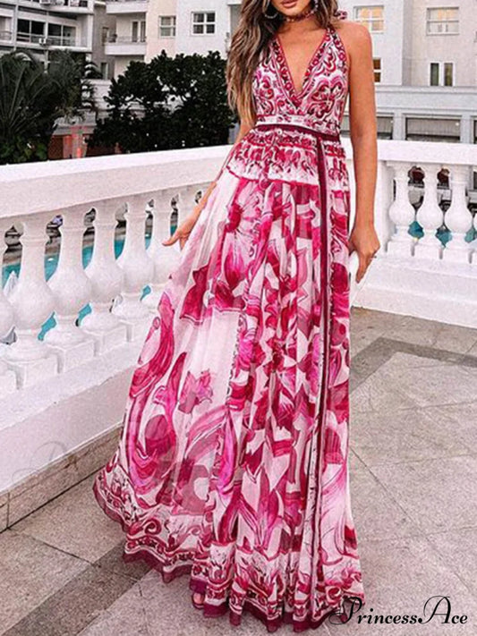 Halter Neck Backless Charming Printed Maxi Dress Dresses