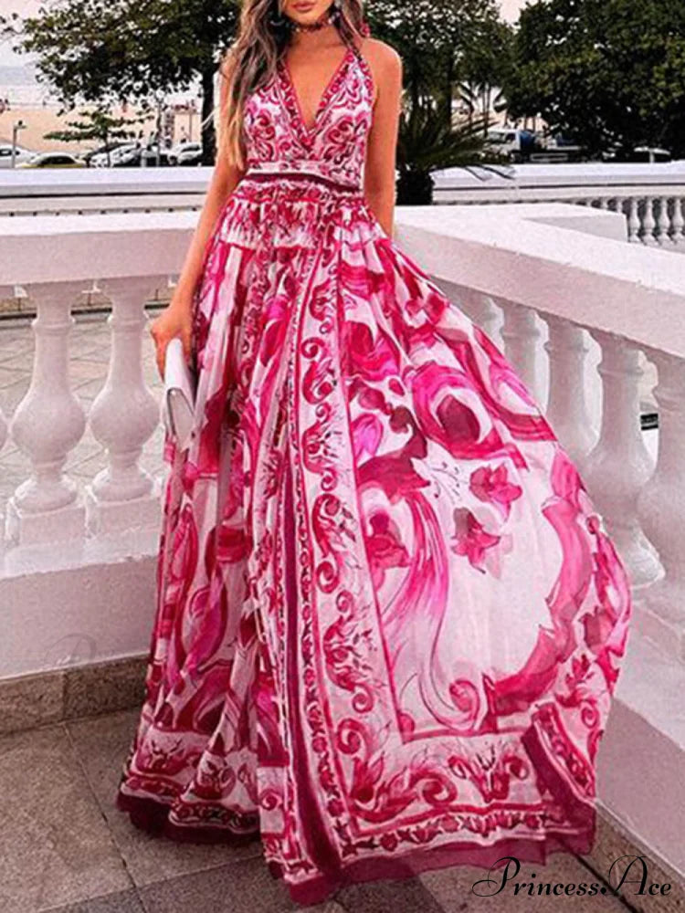 Halter Neck Backless Charming Printed Maxi Dress Rose Red / S Dresses