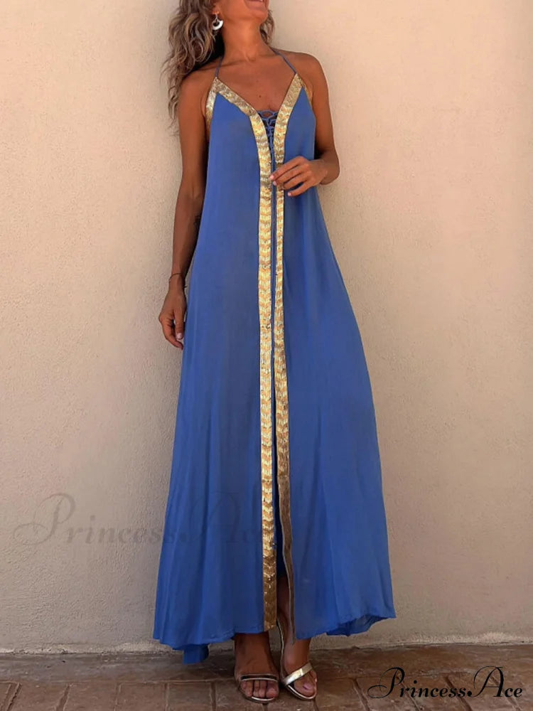 Halter Neck Casual Charming Resort Maxi Dress Blue / S Dresses