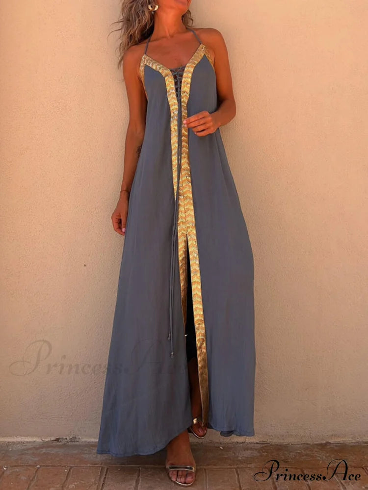 Halter Neck Casual Charming Resort Maxi Dress Gray / S Dresses