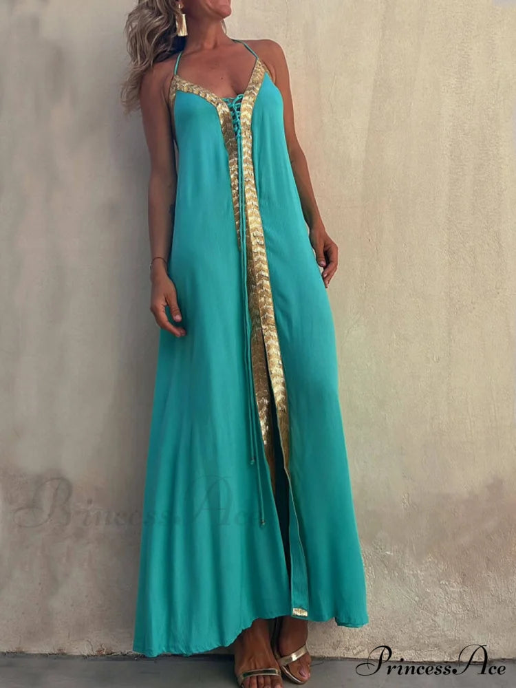 Halter Neck Casual Charming Resort Maxi Dress Green / S Dresses