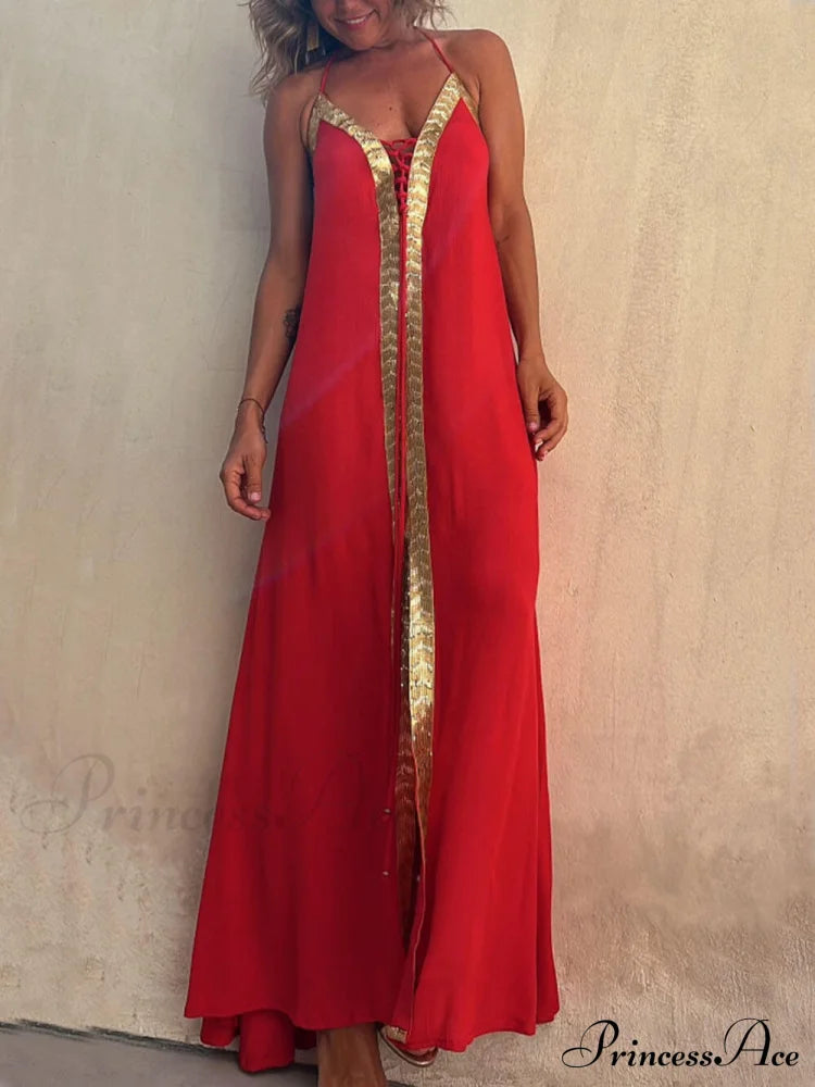 Halter Neck Casual Charming Resort Maxi Dress Red / S Dresses