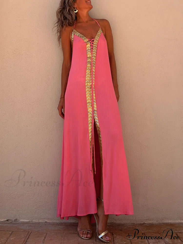 Halter Neck Casual Charming Resort Maxi Dress Watermelon Red / S Dresses