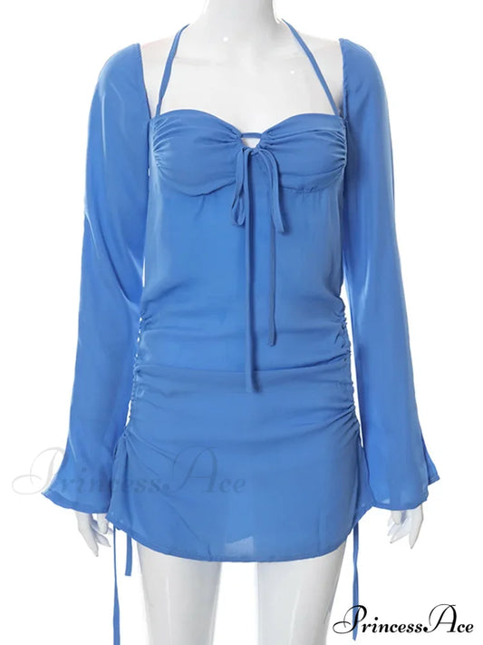 Halter Neck Pink Sleeve Mini Dress Blue / S