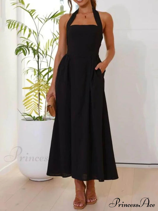 Halter Neck Waist Little Graceful Black Dress Mid Length Dresses