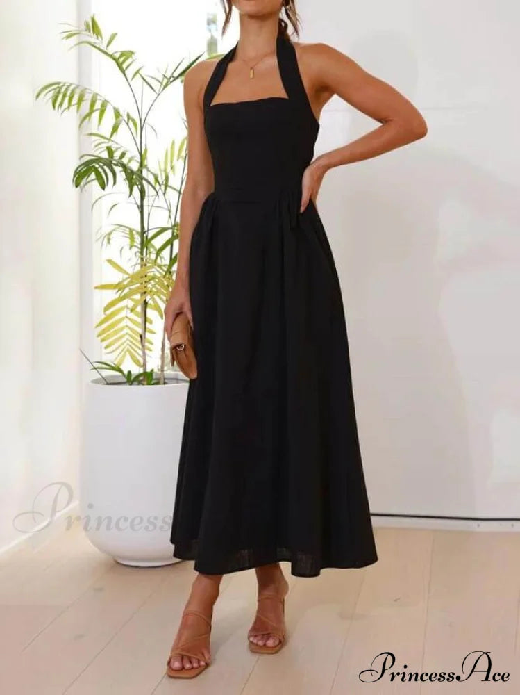 Halter Neck Waist Little Graceful Black Dress Mid Length Dresses