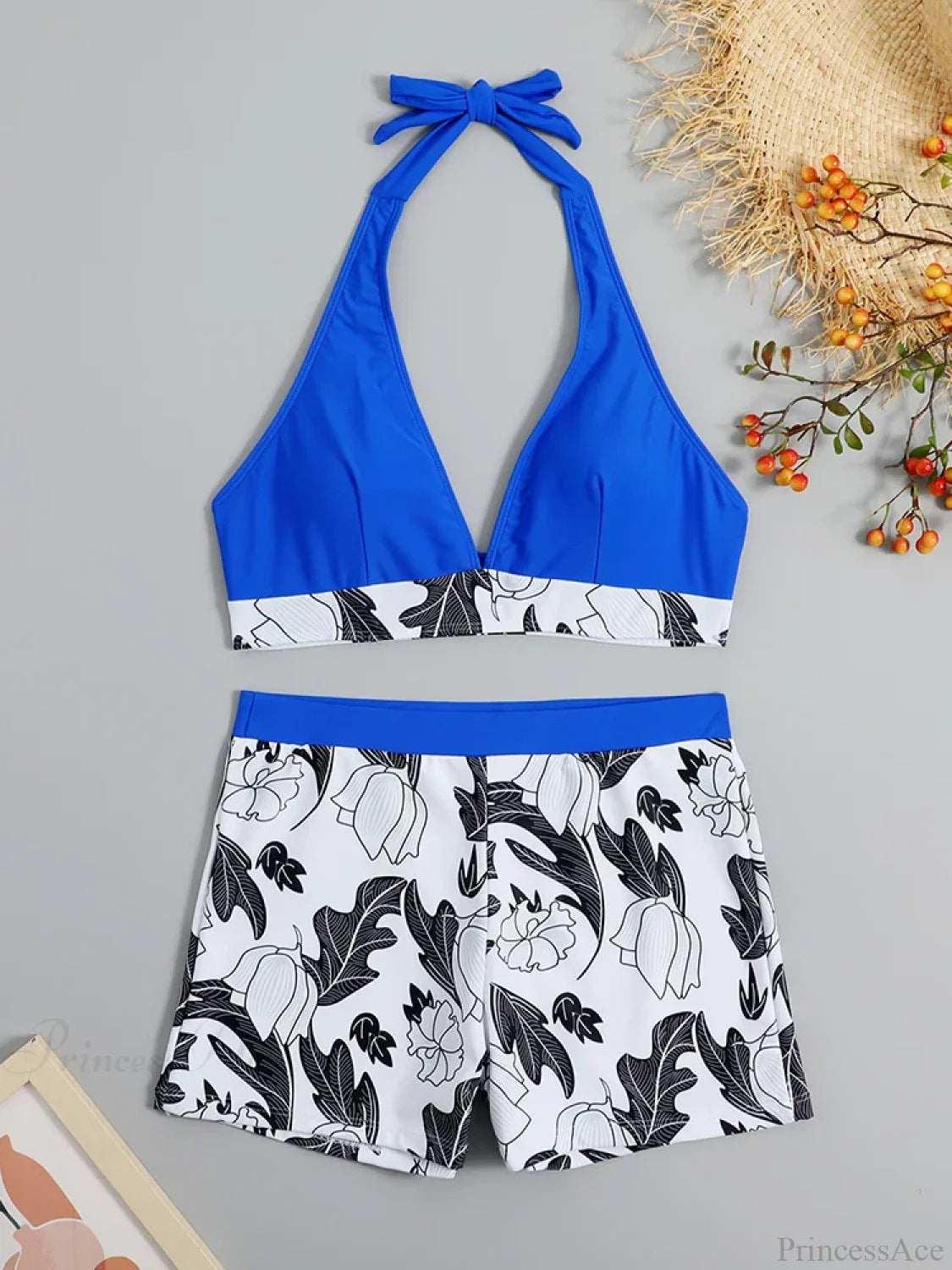 Halter Print Shorts Bikini Two Piece Set Blue-1 / S