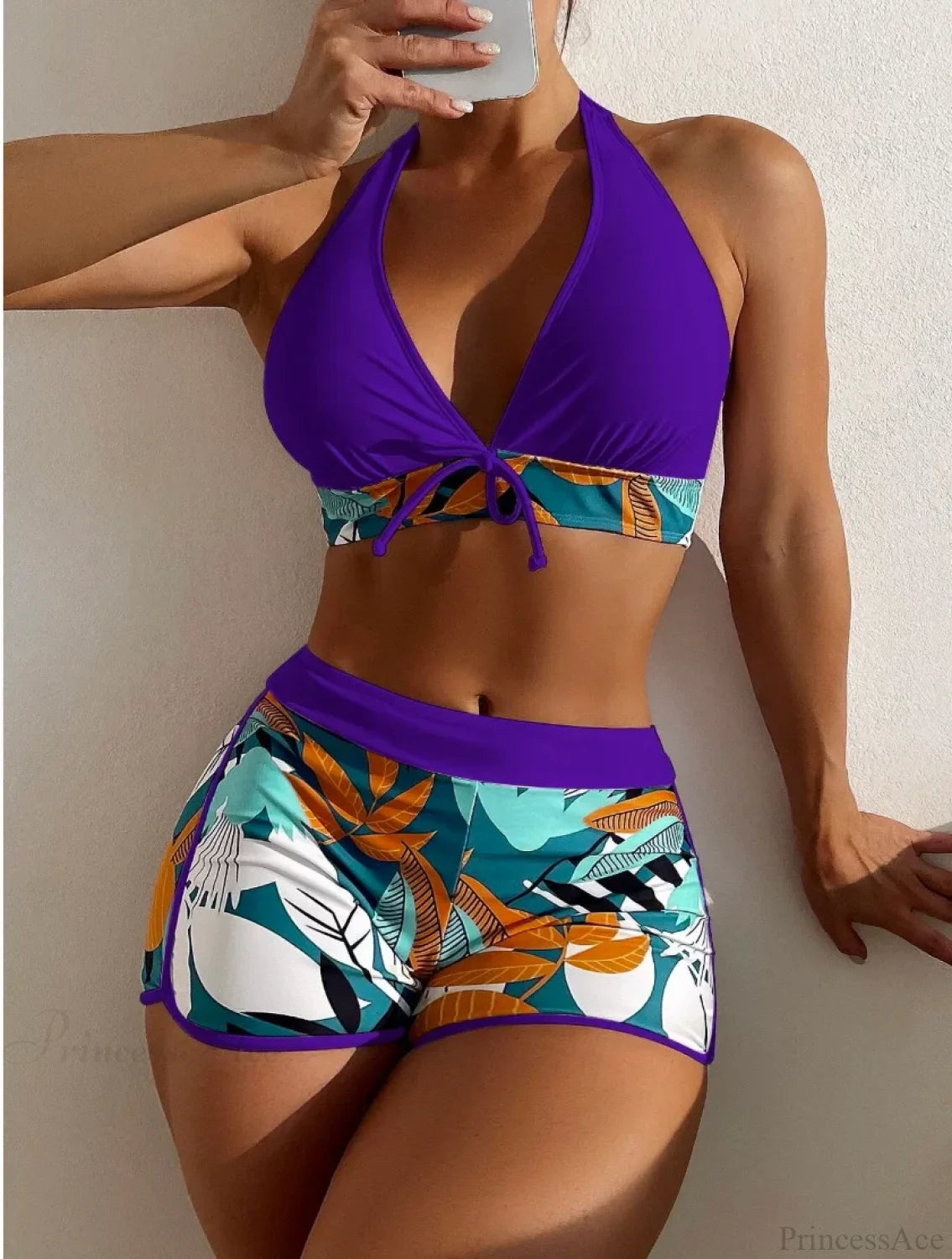 Halter Print Shorts Bikini Two Piece Set purple / S