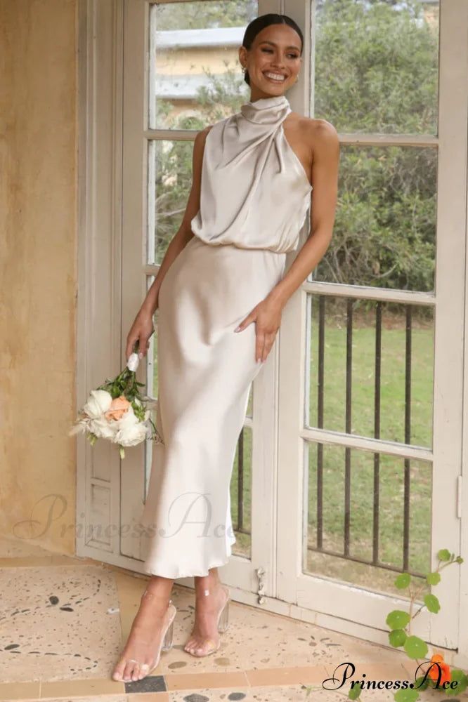 Halter Sleeveless Satin Bridesmaid Dress | Dress In Beauty