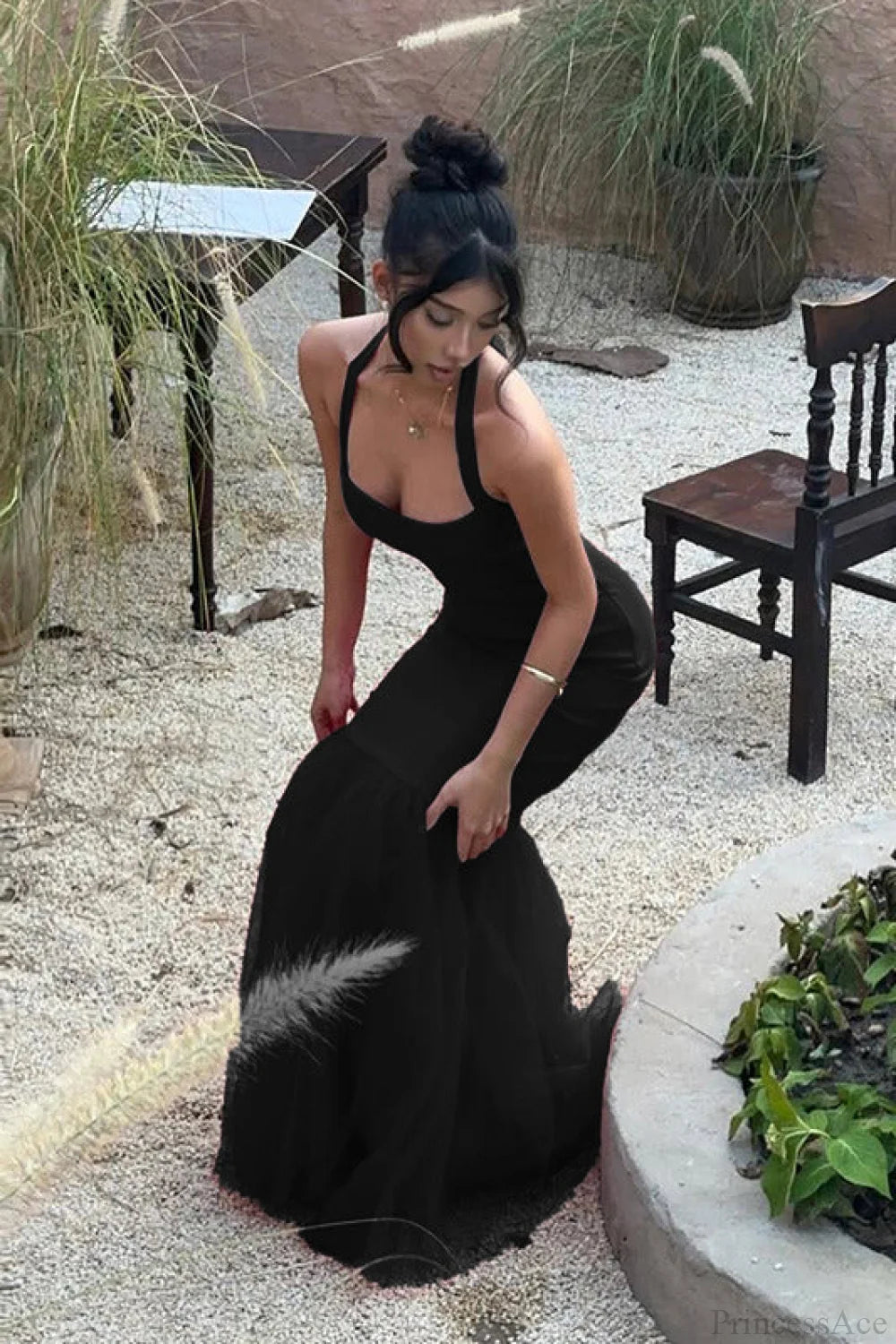 Halter Spliced Fishtail Maxi Dress Black / XS