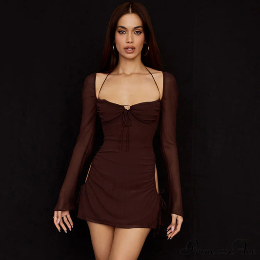 Halter Tie Strap Ruched Cut Classic Out Club Mini Dress - Black S / Chocolate Party Dresses