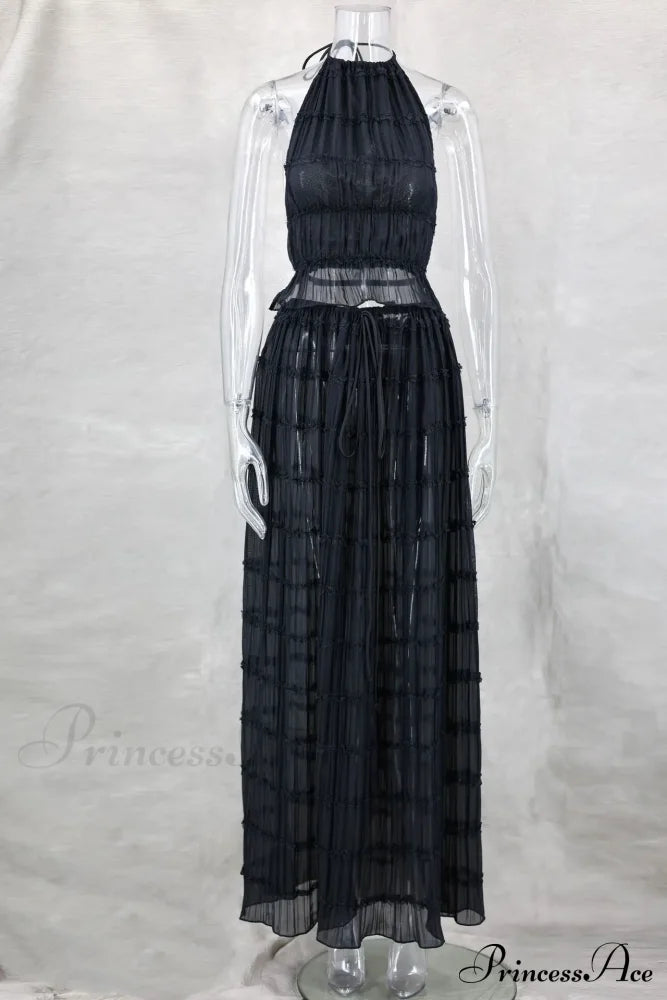 Halterneck Ruched Open Back Tie Trendy Up Top And Maxi Skirt Set Long Suits