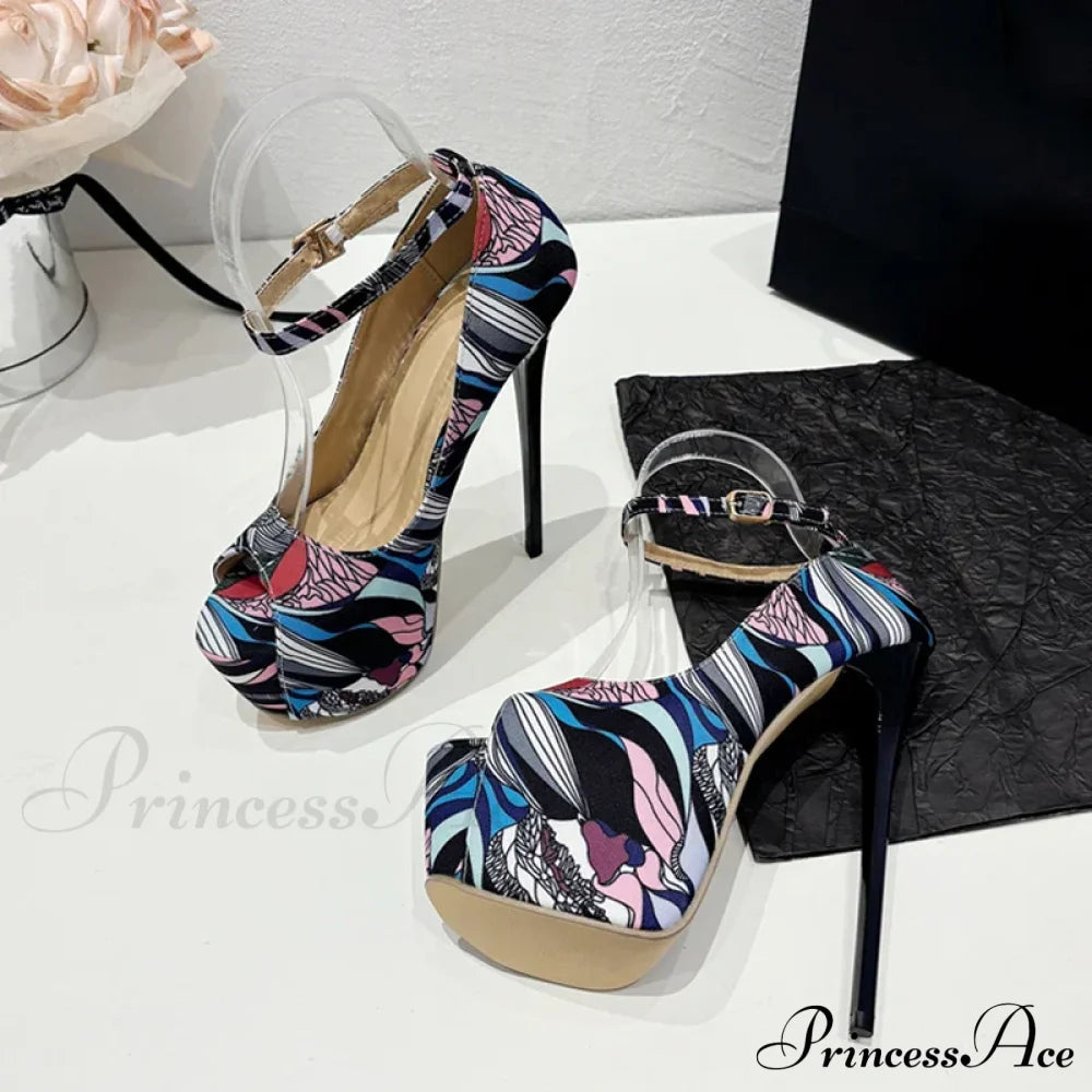 Hand-Painted Leather Platform Pumps Slingback Sexy Peep-Toe Stripper Pole-Dance High Heel