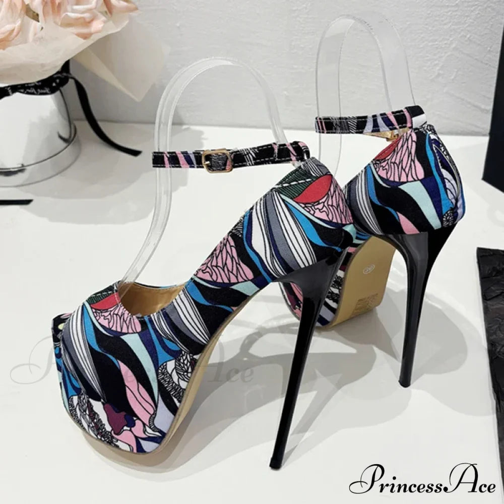 Hand-Painted Leather Platform Pumps Slingback Sexy Peep-Toe Stripper Pole-Dance High Heel