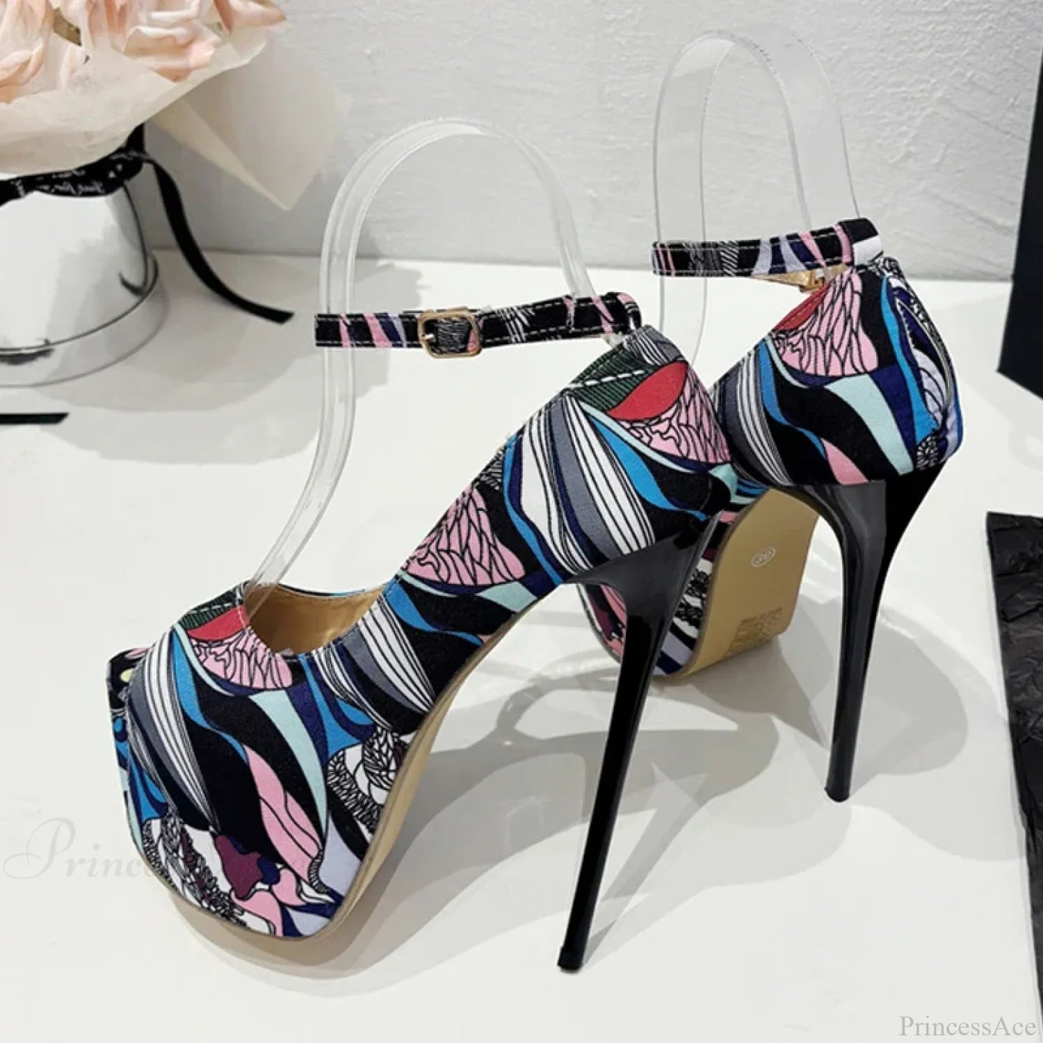 Hand-Painted Leather Platform Pumps Slingback Sexy Peep-Toe Stripper Pole-Dance High Heel