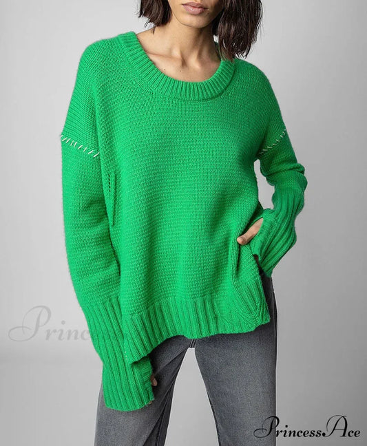 Hand-Woven Loose O-Neck Slit Hem Green Autumn Winter Christmas Sweater / S Sweaters-L