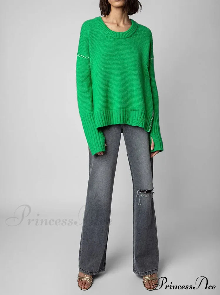 Hand-Woven Loose O-Neck Slit Hem Green Autumn Winter Christmas Sweater Sweaters-L