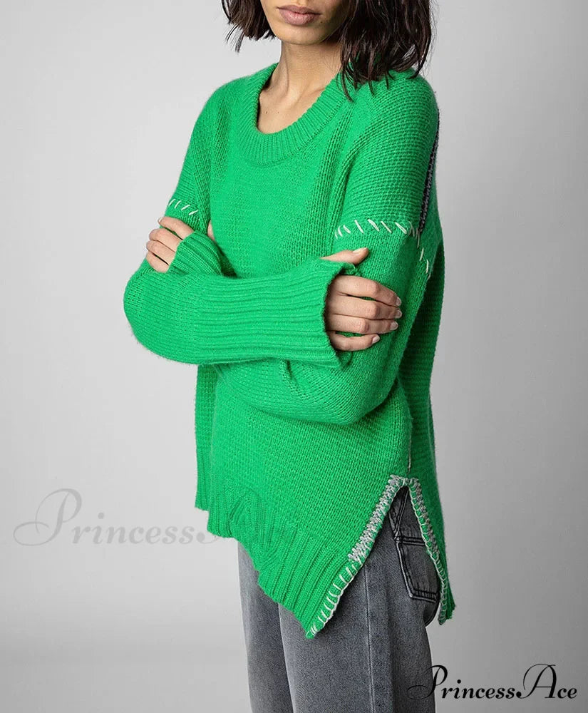 Hand-Woven Loose O-Neck Slit Hem Green Autumn Winter Christmas Sweater Sweaters-L