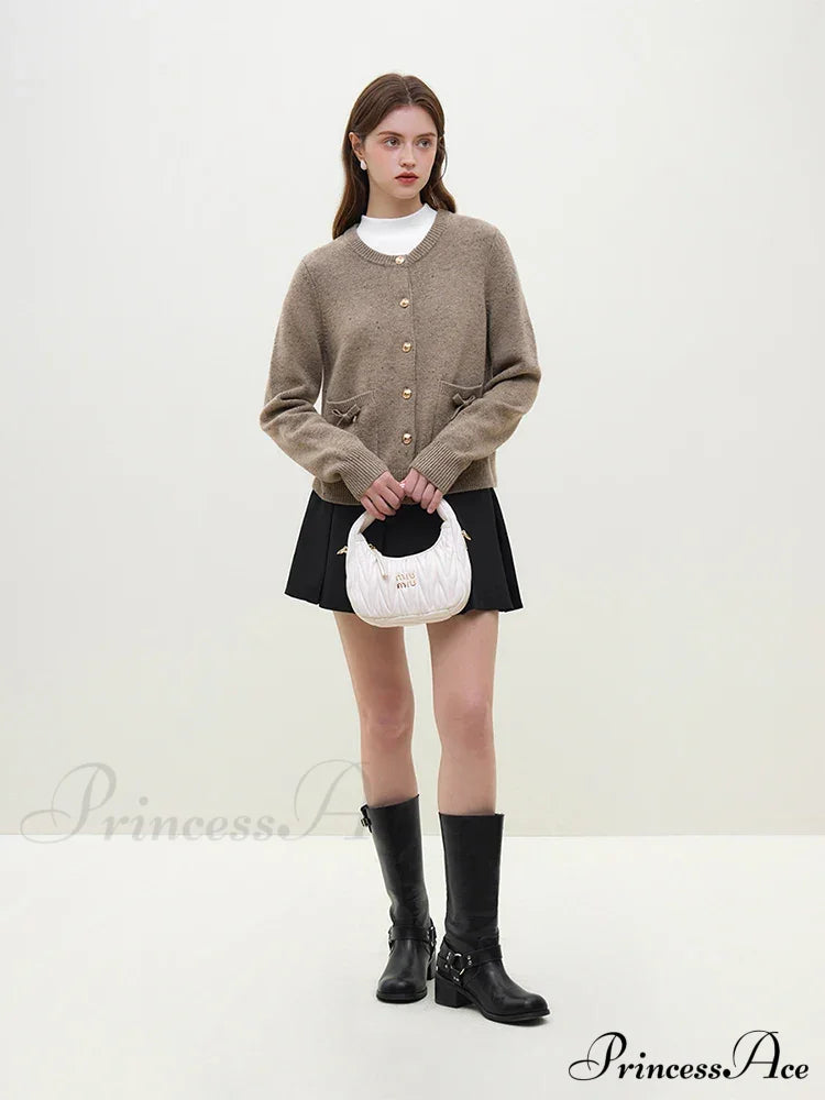 Handmade Bow Knit Brown Cardigan Cardigan-241208