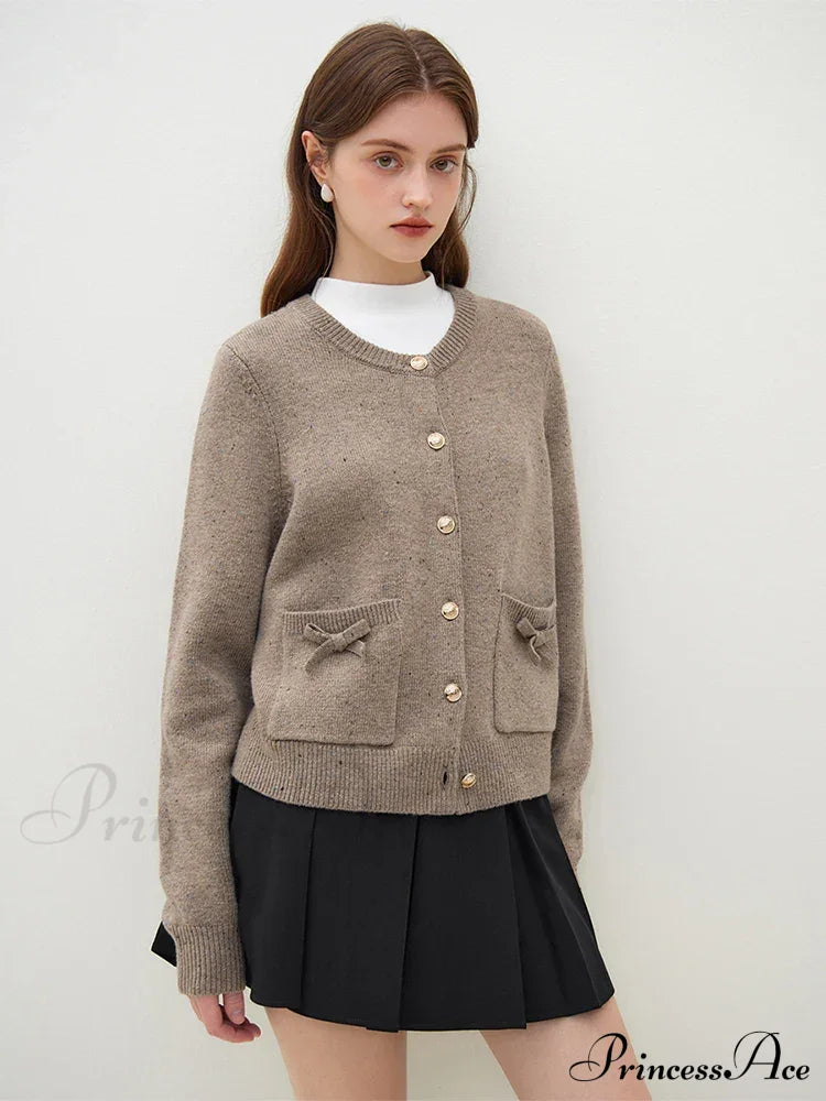 Handmade Bow Knit Brown Cardigan Cardigan-241208