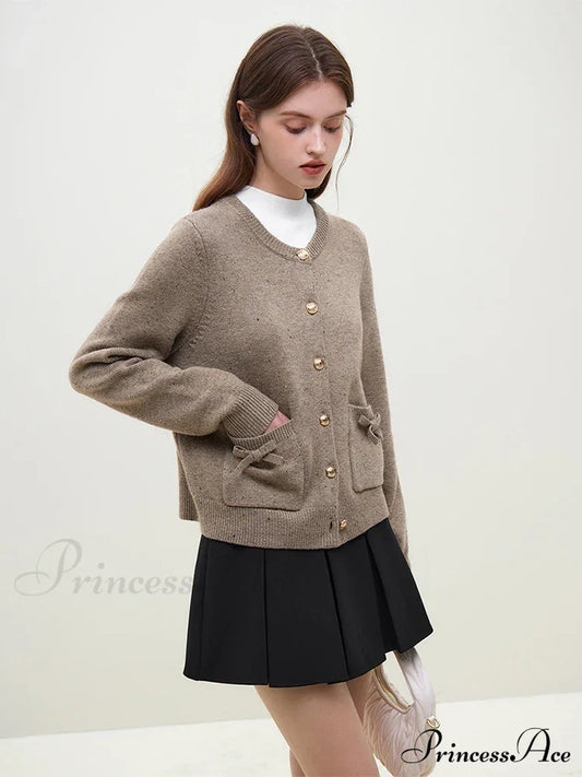 Handmade Bow Knit Brown Cardigan Cardigan-241208