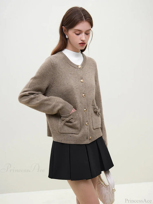 Handmade Bow Knit Brown Cardigan Cardigan-241208