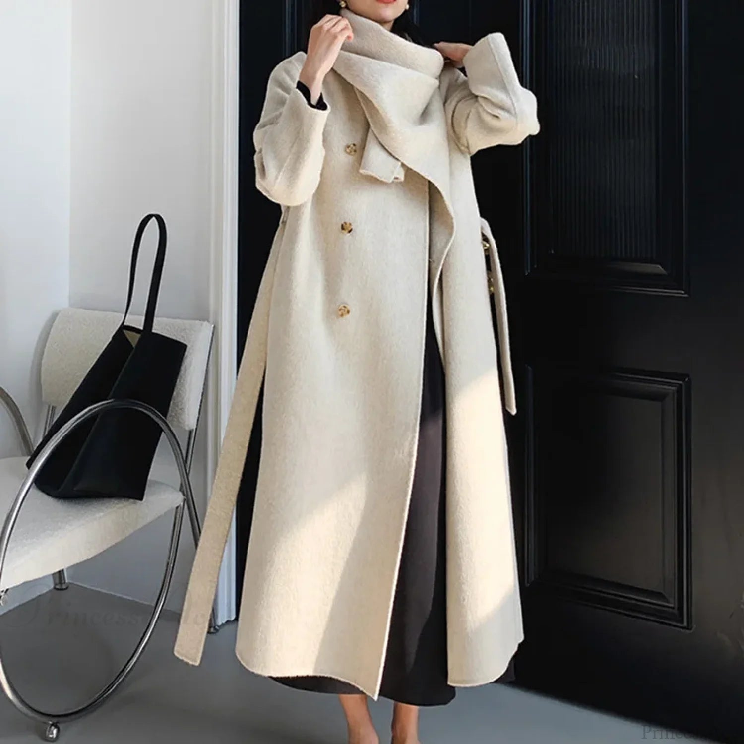 Handmade Cashmere Wool Belted Overcoat Beige / XXS
