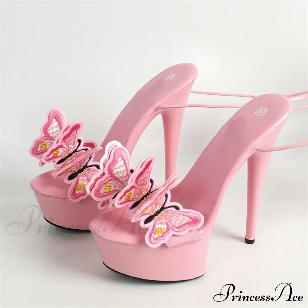 Handmade Embroidery Butterfly Cross Ankle Strap Open Toe High Heel