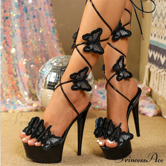 Handmade Embroidery Butterfly Cross Ankle Strap Open Toe High Heel Black / 34