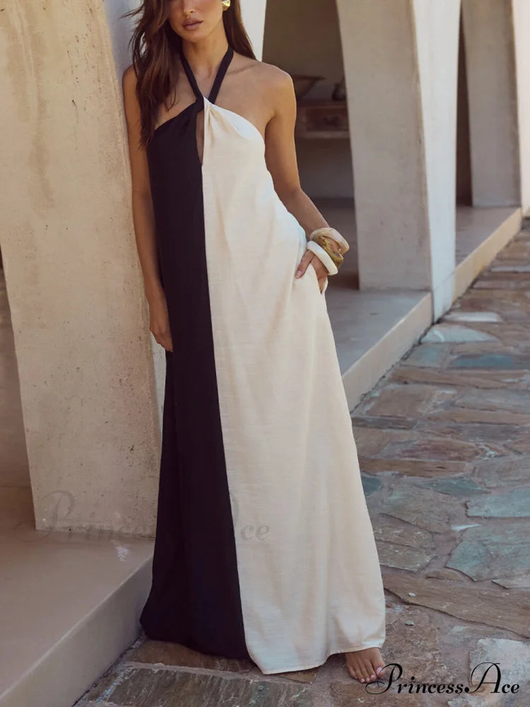 Hanging Neck Bold Contrast Color Trendy Halter Pocketed A-Line Maxi Dress Black / S Dresses