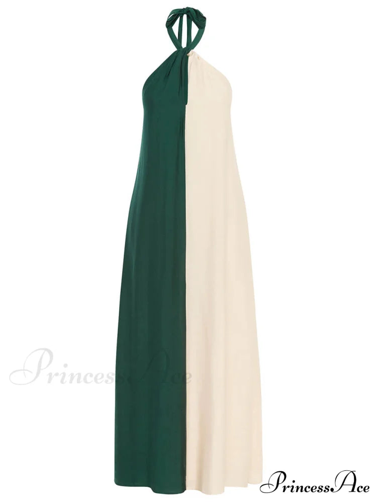 Hanging Neck Bold Contrast Color Trendy Halter Pocketed A-Line Maxi Dress Dresses