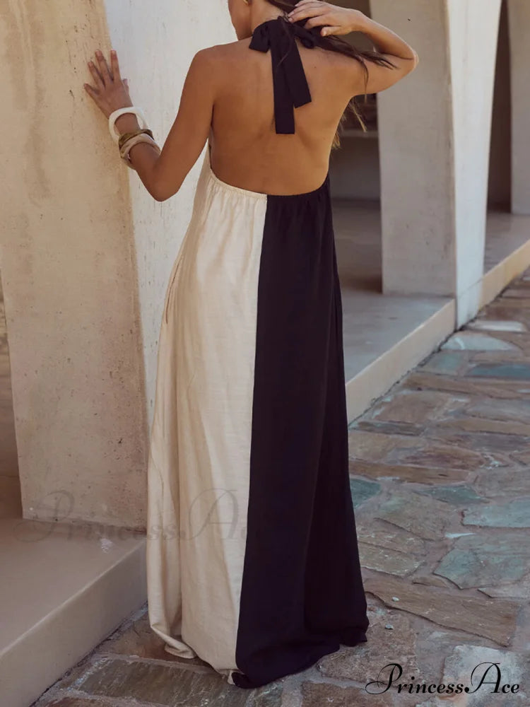 Hanging Neck Bold Contrast Color Trendy Halter Pocketed A-Line Maxi Dress Dresses