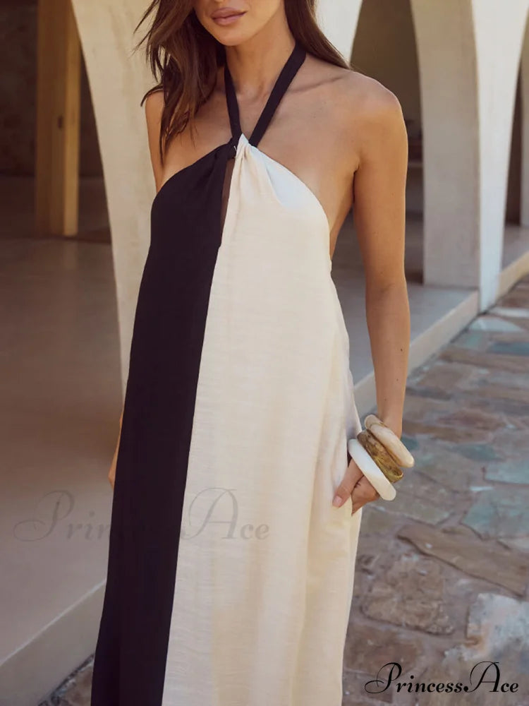 Hanging Neck Bold Contrast Color Trendy Halter Pocketed A-Line Maxi Dress Dresses