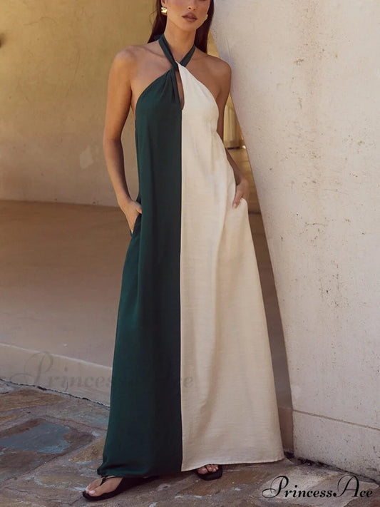 Hanging Neck Bold Contrast Color Trendy Halter Pocketed A-Line Maxi Dress Green / S Dresses