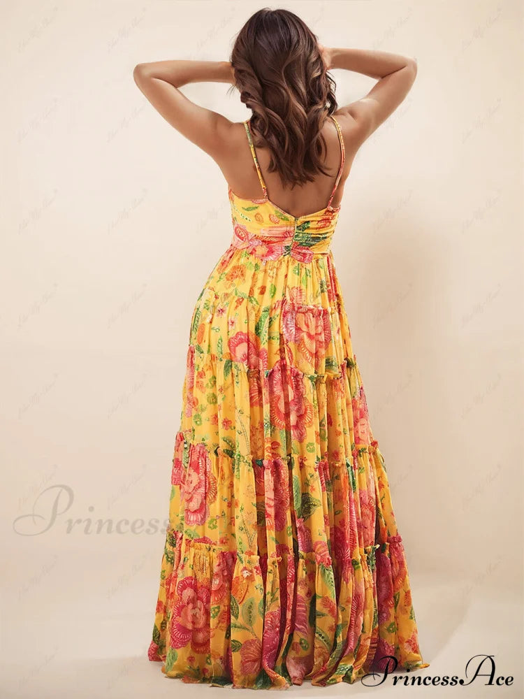 Hanging Neck Printed Floral Graceful Design Backless Straight Maxi Dress Dresses