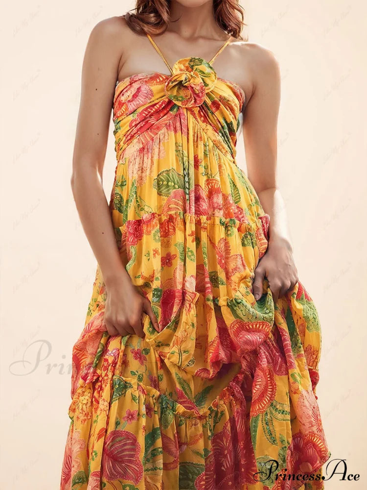 Hanging Neck Printed Floral Graceful Design Backless Straight Maxi Dress Dresses