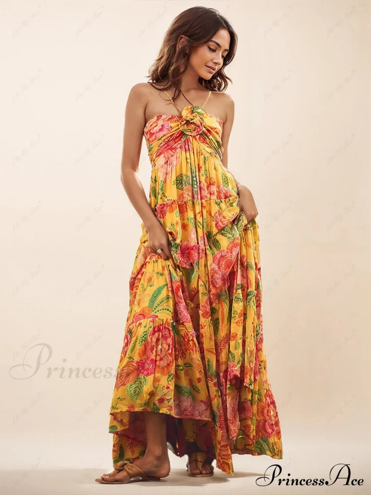 Hanging Neck Printed Floral Graceful Design Backless Straight Maxi Dress Yellow / S Dresses