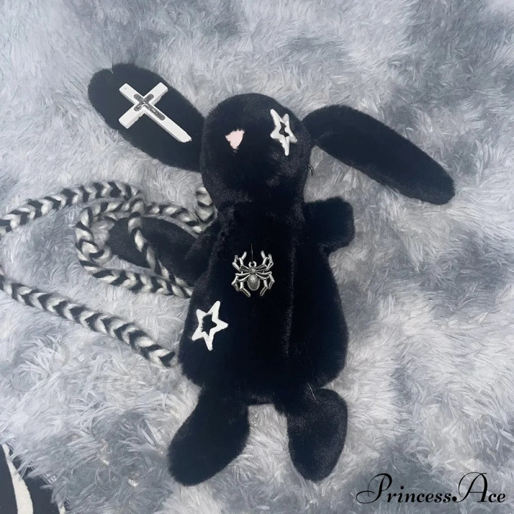 Harajuku Gothic Chain Soft Plush Y2K Punk Bunny Backpack Crossbody Shoulder Bag Black Halloween