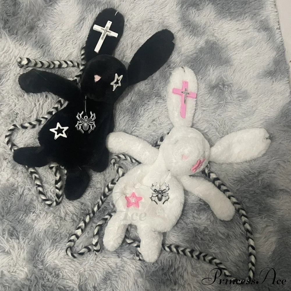 Harajuku Gothic Chain Soft Plush Y2K Punk Bunny Backpack Crossbody Shoulder Bag Halloween